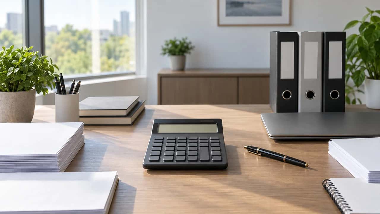 A calculator, a pen, notepads and lever-arch binders on a tidy accountant’s desk