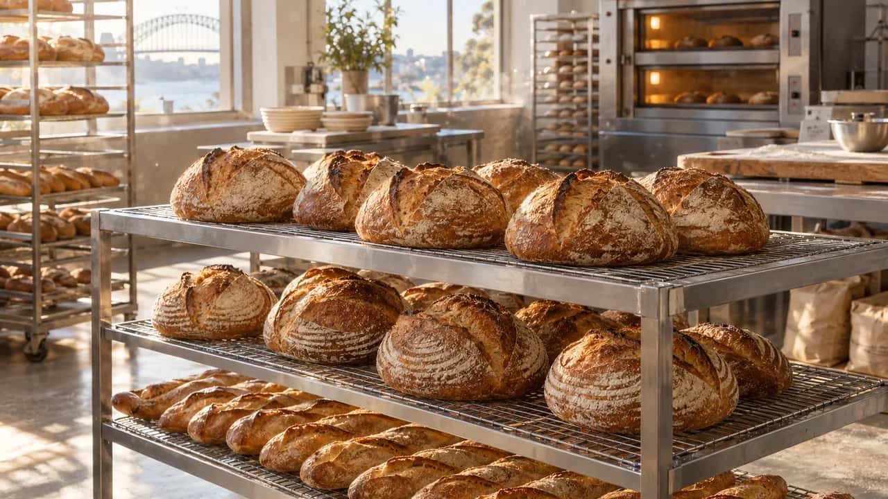 Fresh sourdough loaves and baguettes on stainless steel racks in a commercial bakery