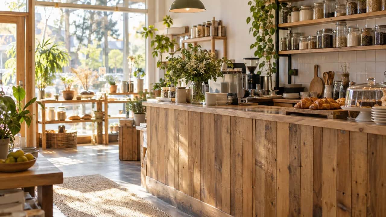 A timber shop counter in a sunlit café with shelves of jars, plants and pendant lights