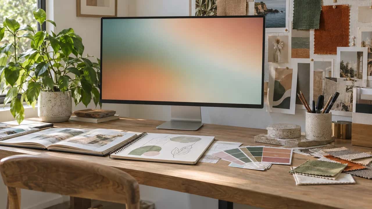 A design studio desk with a large monitor, mood boards, colour swatches and sketches
