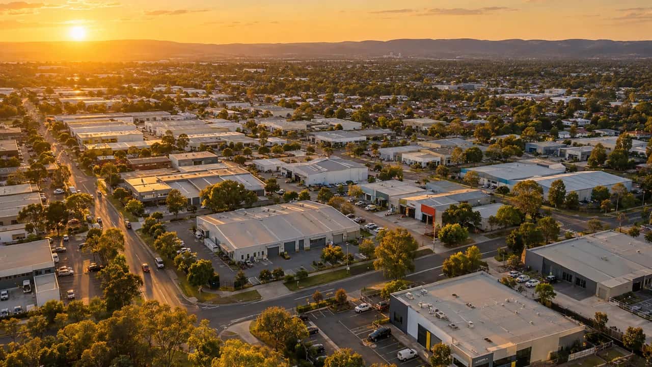 An aerial view of an Australian industrial estate and its warehouses at sunset