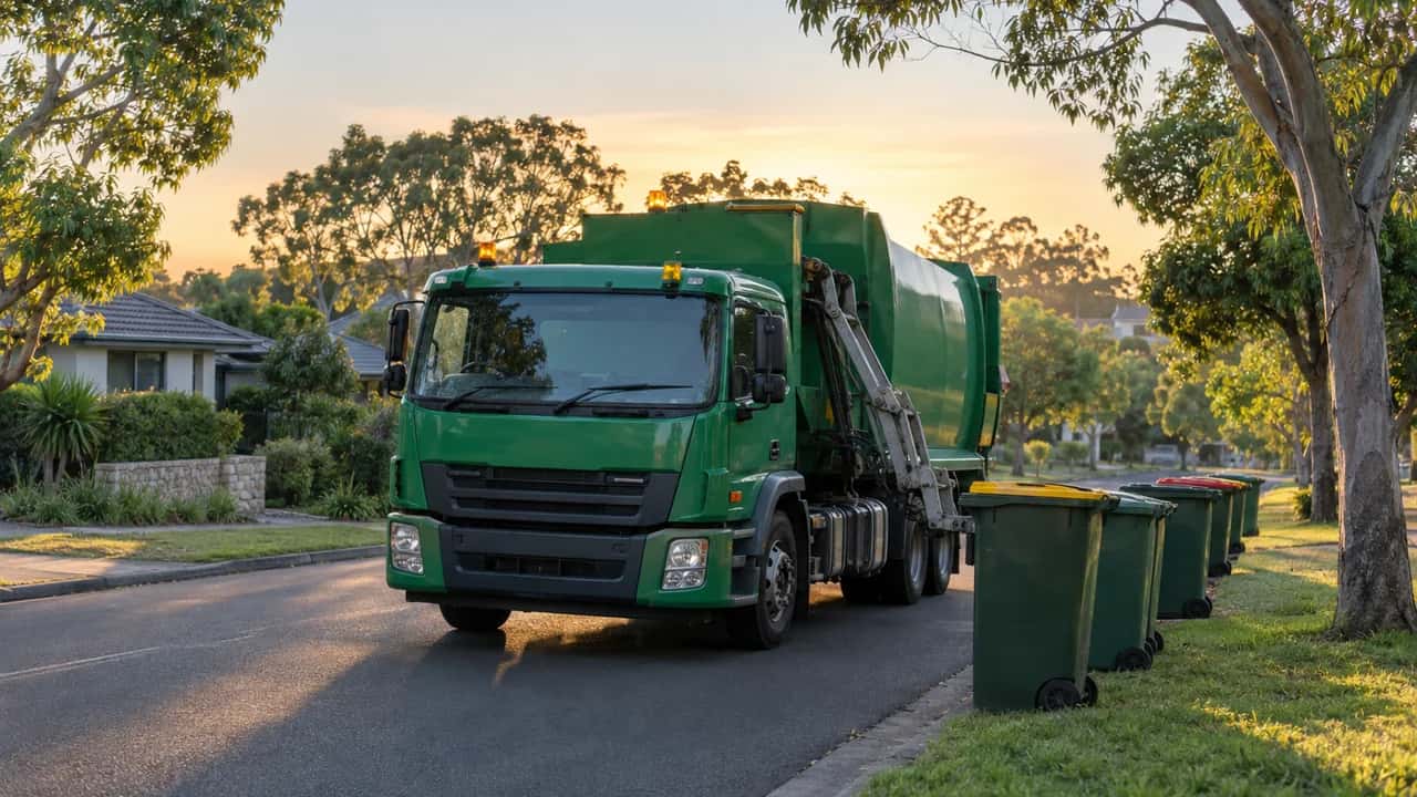 A green rubbish truck beside a row of wheelie bins on a leafy suburban street at sunrise