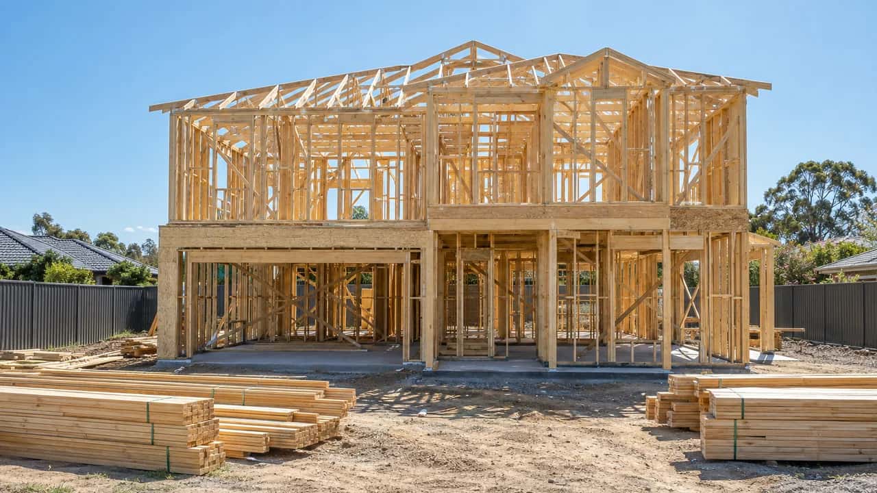 A two-storey timber house frame on a building site with stacks of timber in front