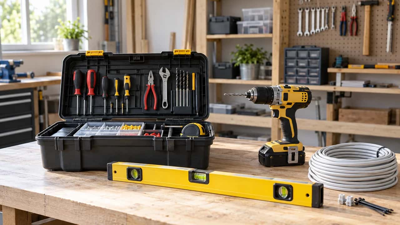 An open toolbox, a cordless drill, a spirit level and a coil of cable on a workshop bench