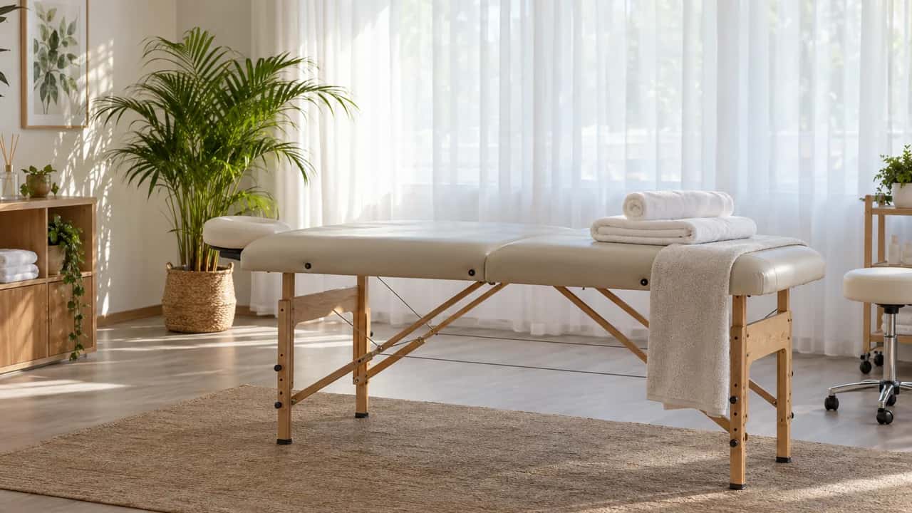 A light-filled treatment room with a massage table, folded towels and a potted palm