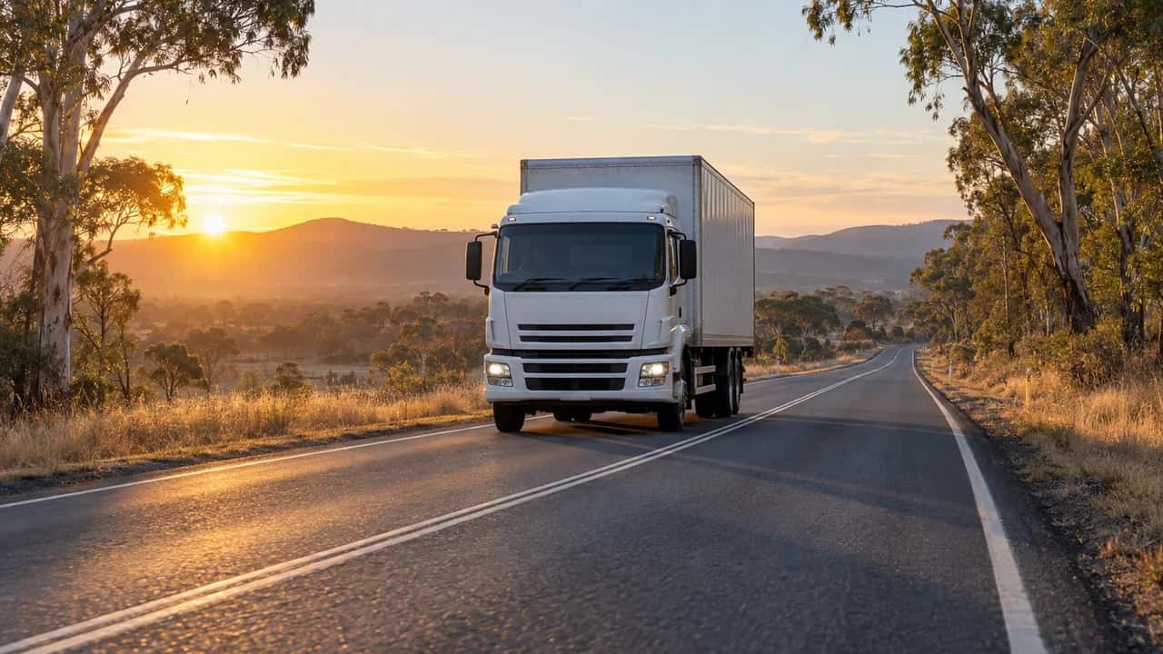 A white truck on a country highway lined with gum trees at sunset