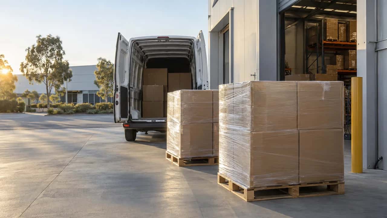Shrink-wrapped cartons on pallets beside an open van at a warehouse loading dock