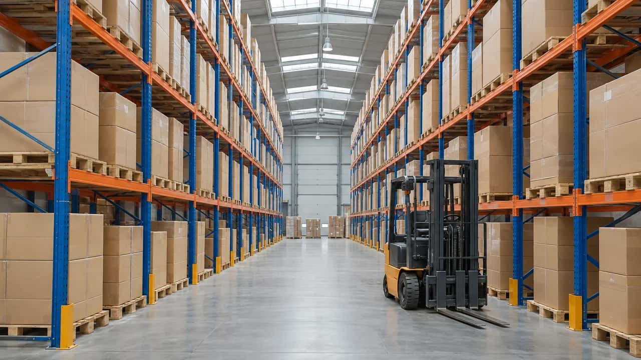 Tall pallet racking stacked with cartons and a forklift in a long warehouse aisle