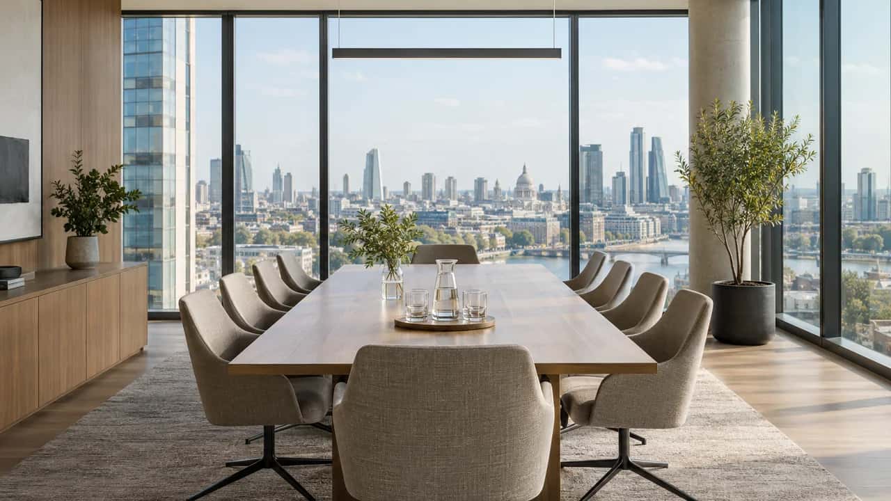An empty boardroom table and chairs with a city skyline through floor-to-ceiling windows