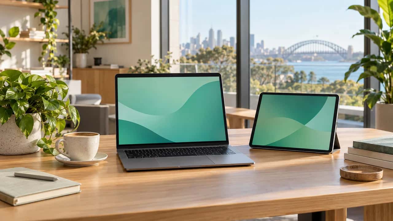 A laptop and a tablet on a timber desk in a bright office looking out over a harbour city