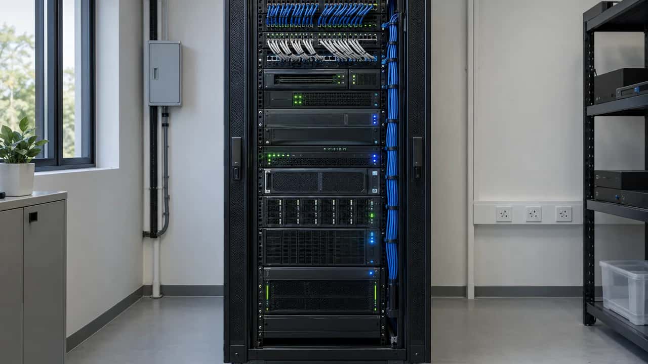 A server rack with blue network cabling standing in a clean, bright comms room